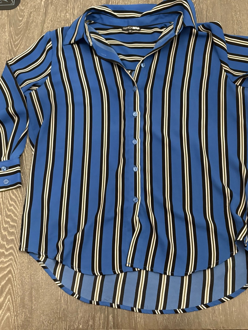 Fashion Nova Royal Blue Black & White Vertical Stripe Button-Down Shirt
